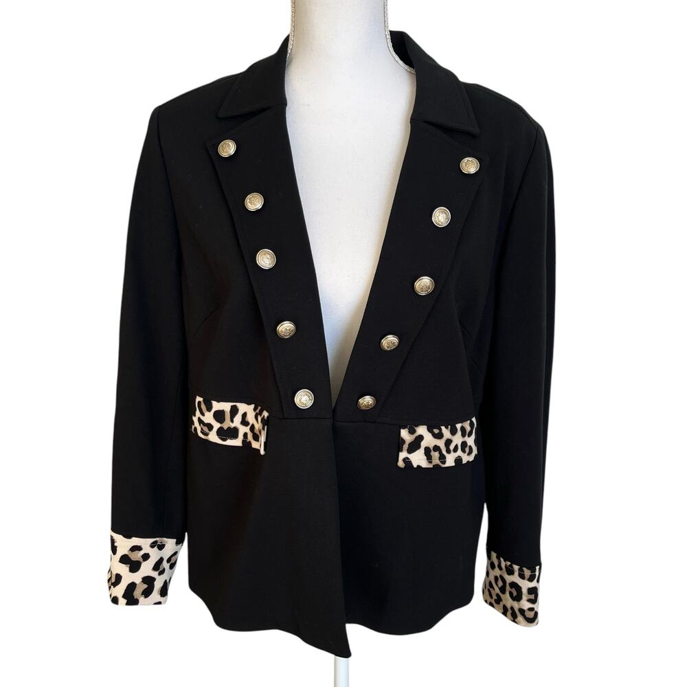Chico's Jacket Women's 2P Large Petite Black Leopard Trim Military Open Lined
